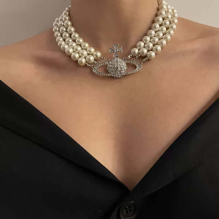 Pärlhalsband | Silver | Kort | 3-trådigt pärlhalsband | Halsband för kvinnor-Eva Jonsson