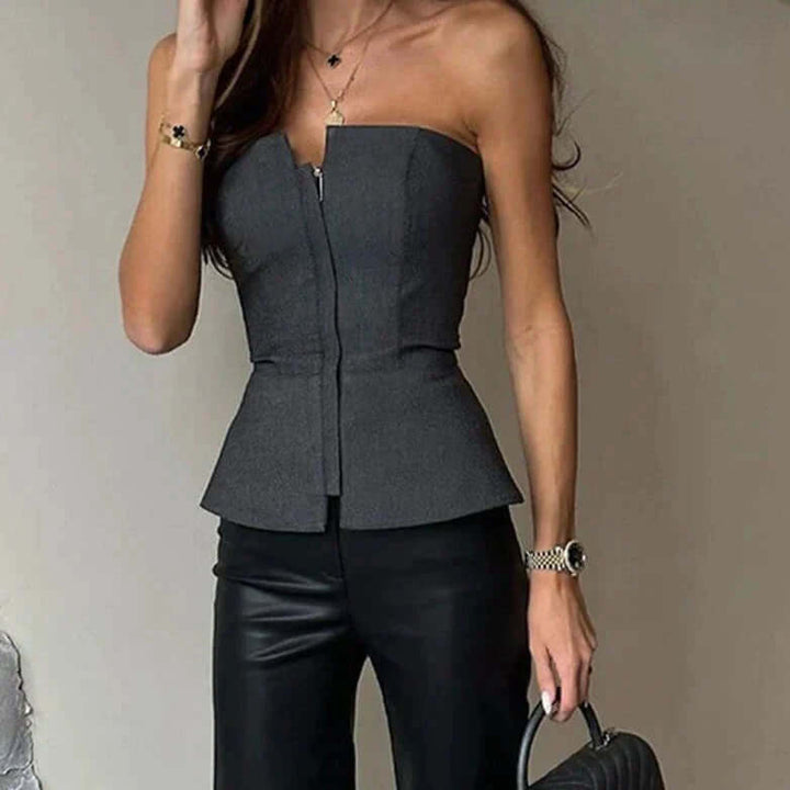 Peplumtopp - Elegant - Strukturerad - Axelbandslös topp - Toppar med dragkedja för damer-Eva Jonsson