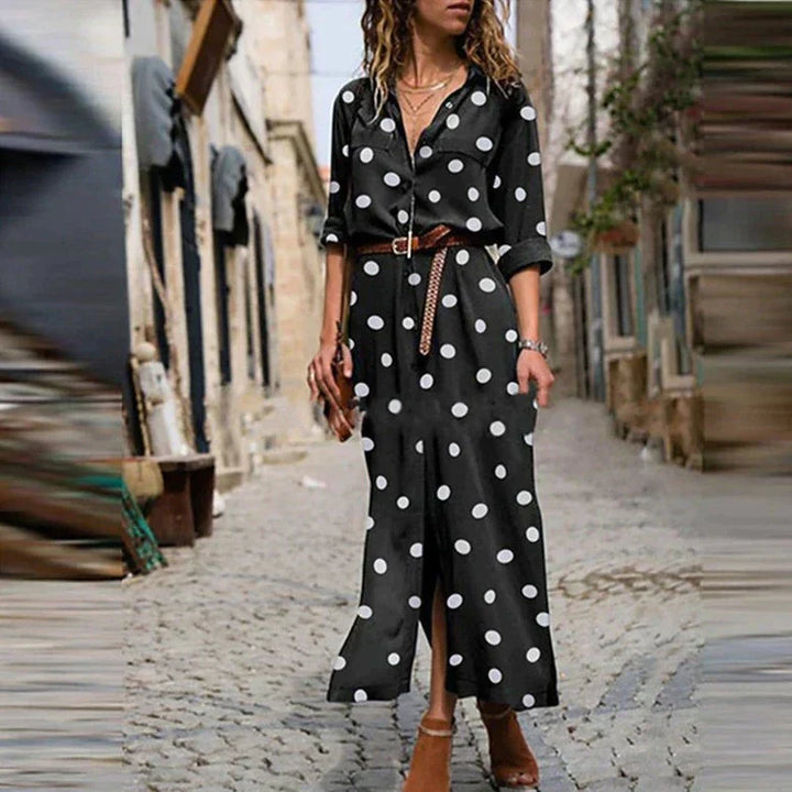 Polka Dot-klänning | Långärmad | Knäppt | Maxiklänning | Maxiklänning för sommaren-Eva Jonsson