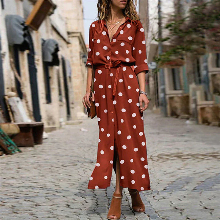 Polka Dot-klänning | Långärmad | Knäppt | Maxiklänning | Maxiklänning för sommaren-Eva Jonsson