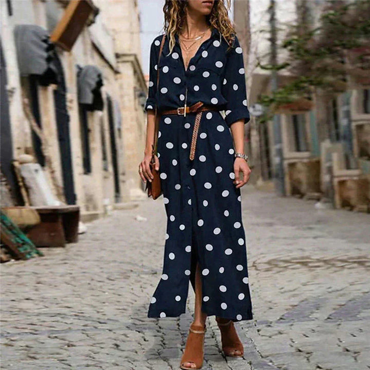 Polka Dot-klänning | Långärmad | Knäppt | Maxiklänning | Maxiklänning för sommaren-Eva Jonsson