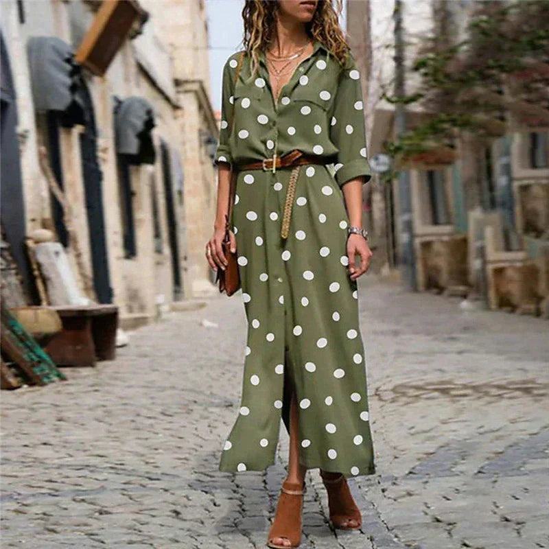 Polka Dot-klänning | Långärmad | Knäppt | Maxiklänning | Maxiklänning för sommaren-Eva Jonsson