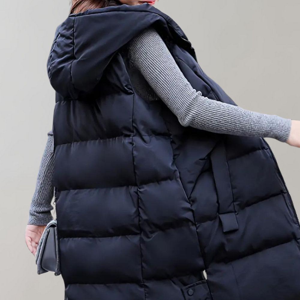 Puffer Vest - Lång huva med dragkedja och huva för kvinnor Vinterväst Bodywarmer-Eva Jonsson