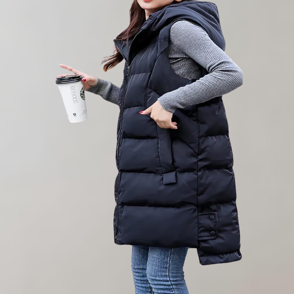 Puffer Vest - Lång huva med dragkedja och huva för kvinnor Vinterväst Bodywarmer-Eva Jonsson