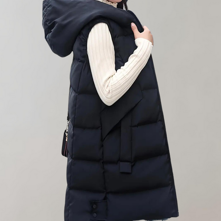 Puffer Vest - Lång huva med dragkedja och huva för kvinnor Vinterväst Bodywarmer-Eva Jonsson