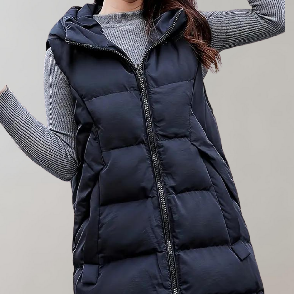 Puffer Vest - Lång huva med dragkedja och huva för kvinnor Vinterväst Bodywarmer-Eva Jonsson