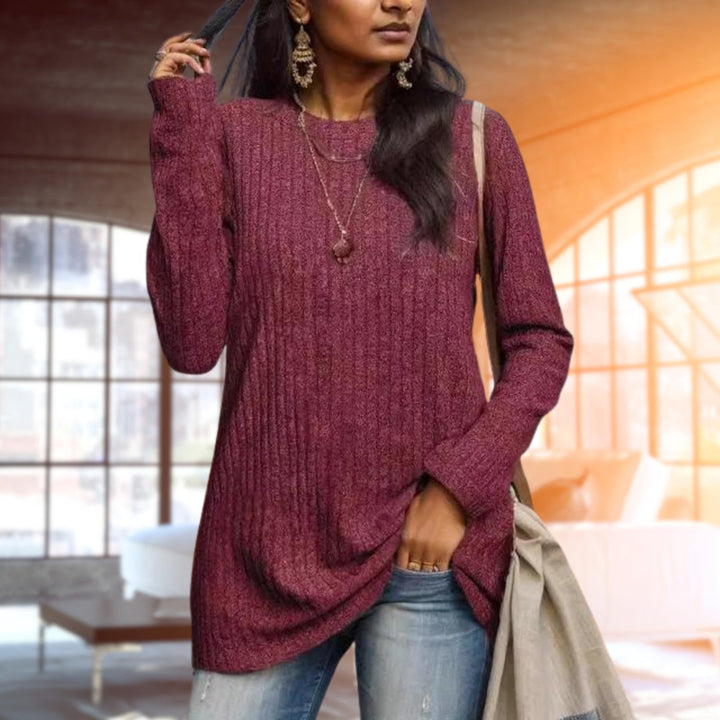 Pullovertröja | Lös passform | Rund hals | Ribbad långärmad topp | Damkläder-Eva Jonsson