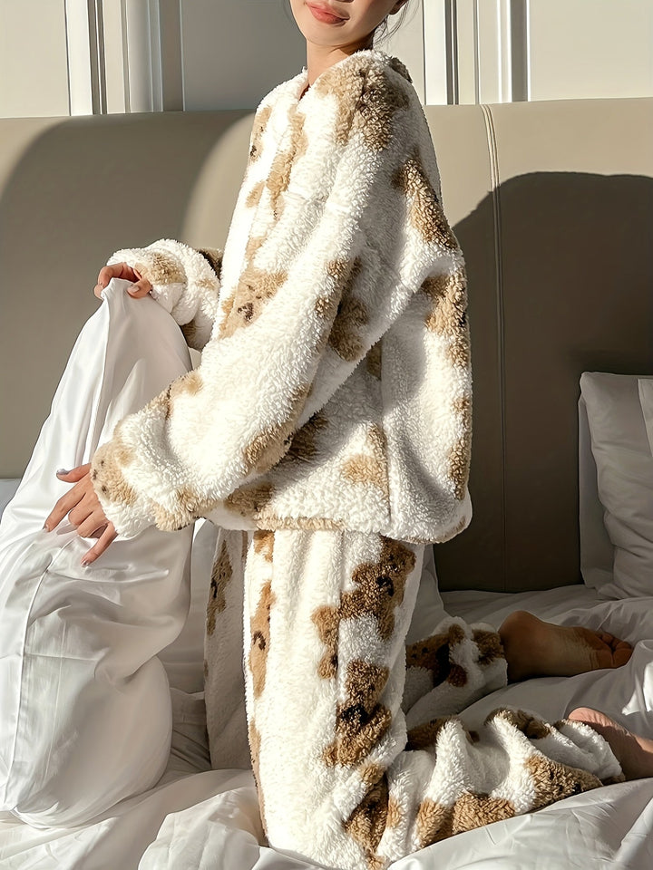 Pyjamas i fleece - Teddybjörn - Långärmad - Fluffig pyjamas - Vinterpyjamas för kvinnor-Eva Jonsson