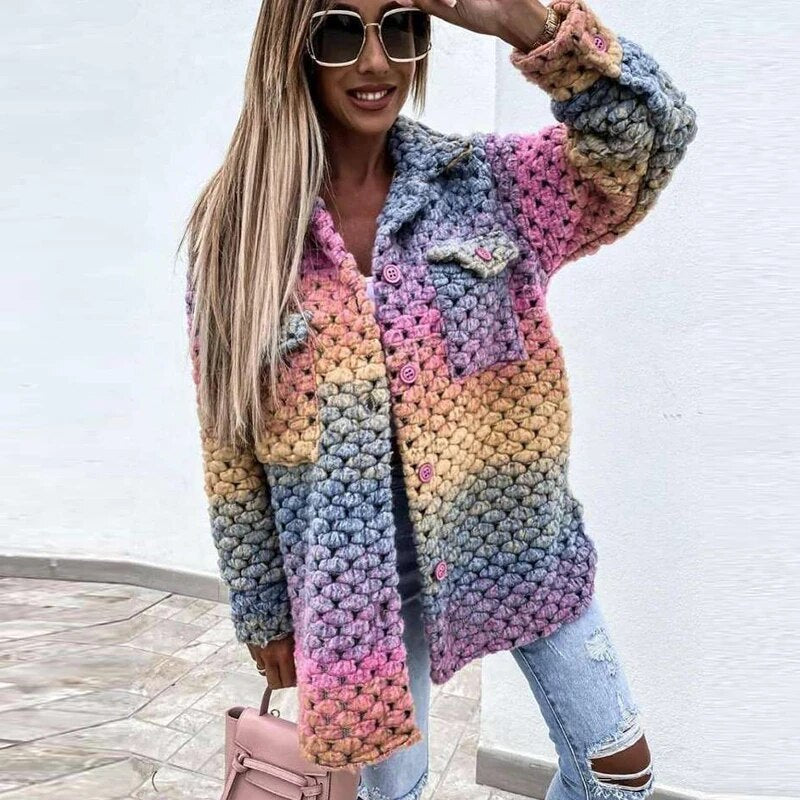 Rainbow Jacka - Varm, Knappad Vävd Jacka med Flätad Design för Damer-Eva Jonsson