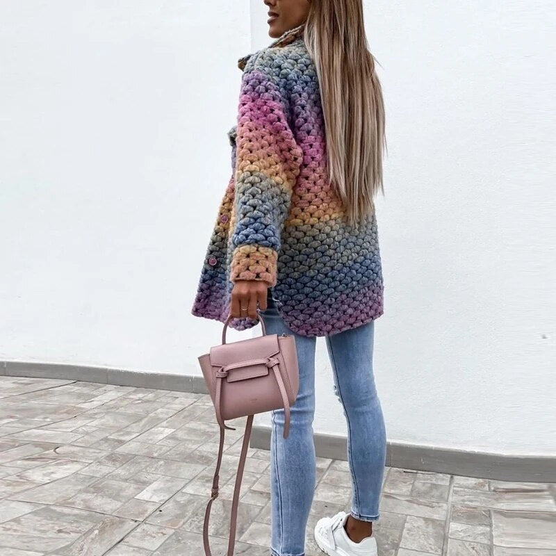 Rainbow Jacka - Varm, Knappad Vävd Jacka med Flätad Design för Damer-Eva Jonsson