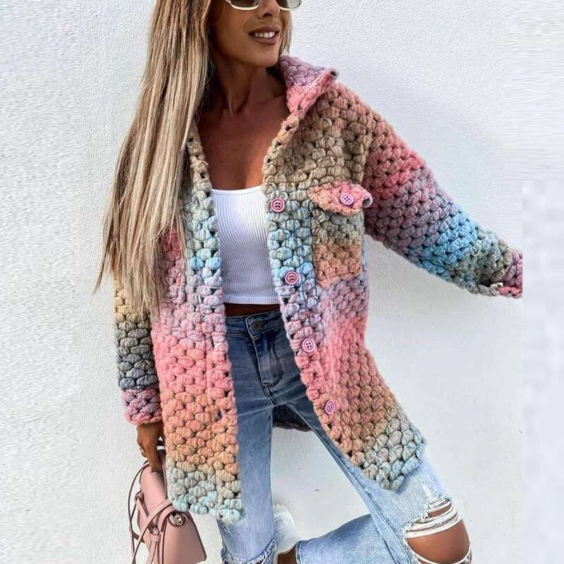 Rainbow Jacka - Varm, Knappad Vävd Jacka med Flätad Design för Damer-Eva Jonsson