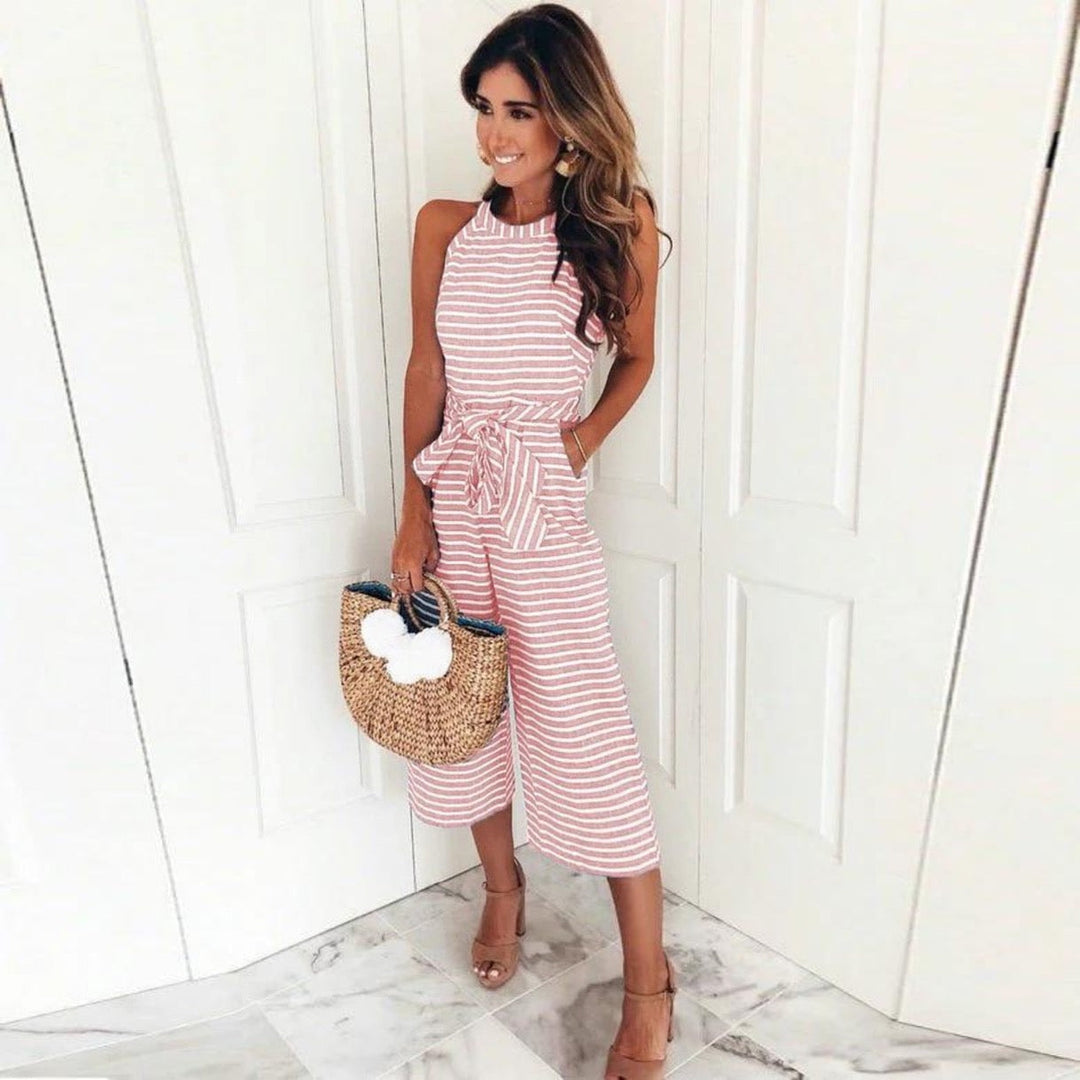 Randig Jumpsuit - Ärmlös - Knuten Midja - Sommarjumpsuit - Damkläder-Eva Jonsson