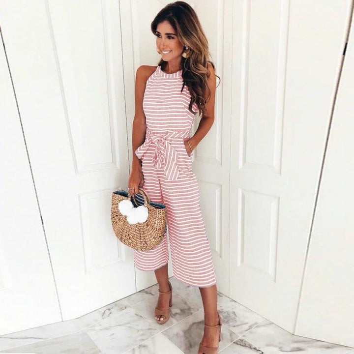 Randig Jumpsuit - Ärmlös - Knuten Midja - Sommarjumpsuit - Damkläder-Eva Jonsson