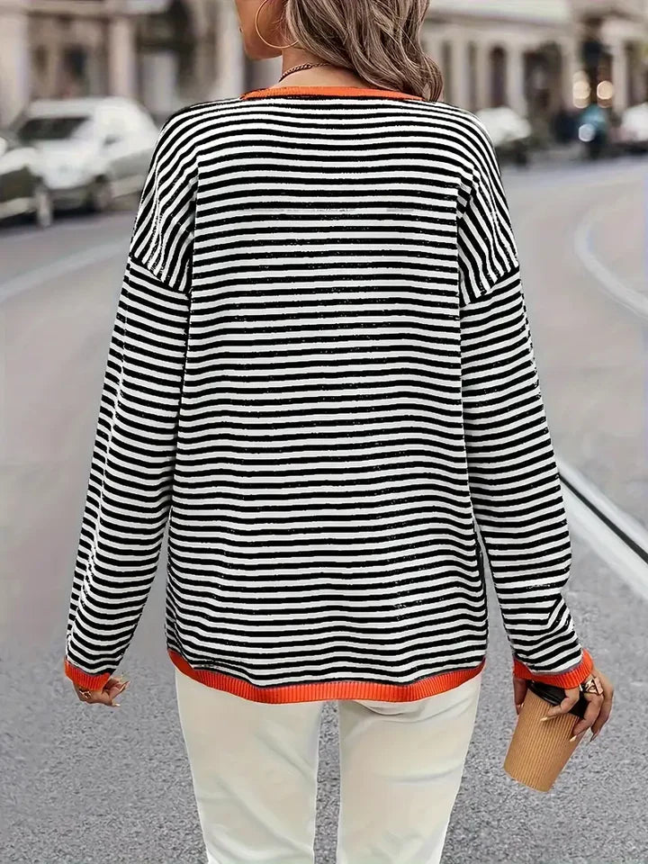 Randig blus - Löst sittande - Rund halsringning - Långärmade toppar - Oversized blus-Eva Jonsson