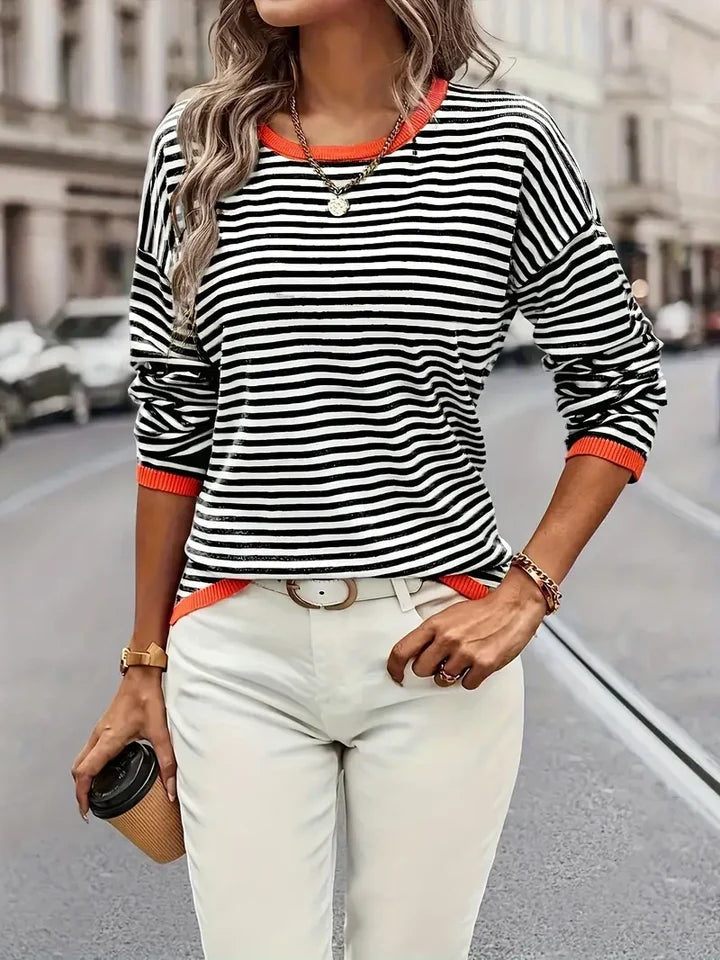 Randig blus - Löst sittande - Rund halsringning - Långärmade toppar - Oversized blus-Eva Jonsson