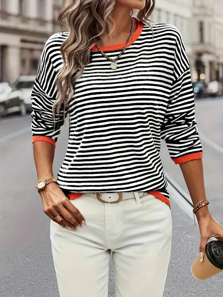 Randig blus - Löst sittande - Rund halsringning - Långärmade toppar - Oversized blus-Eva Jonsson