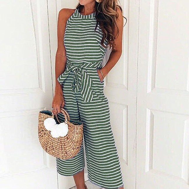 Randig jumpsuit - Ärmlös - Knuten midja - Jumpsuit med vida ben - Sommarkläder för kvinnor-Eva Jonsson