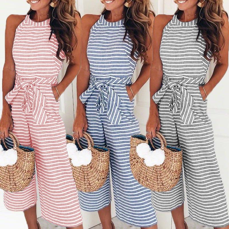 Randig jumpsuit - Ärmlös - Knuten midja - Jumpsuit med vida ben - Sommarkläder för kvinnor-Eva Jonsson