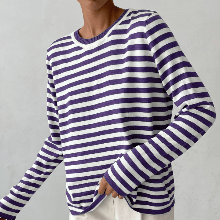 Randig tröja | Crew Neck | Tunn | Oversized Långärmad | Damtröjor-Eva Jonsson