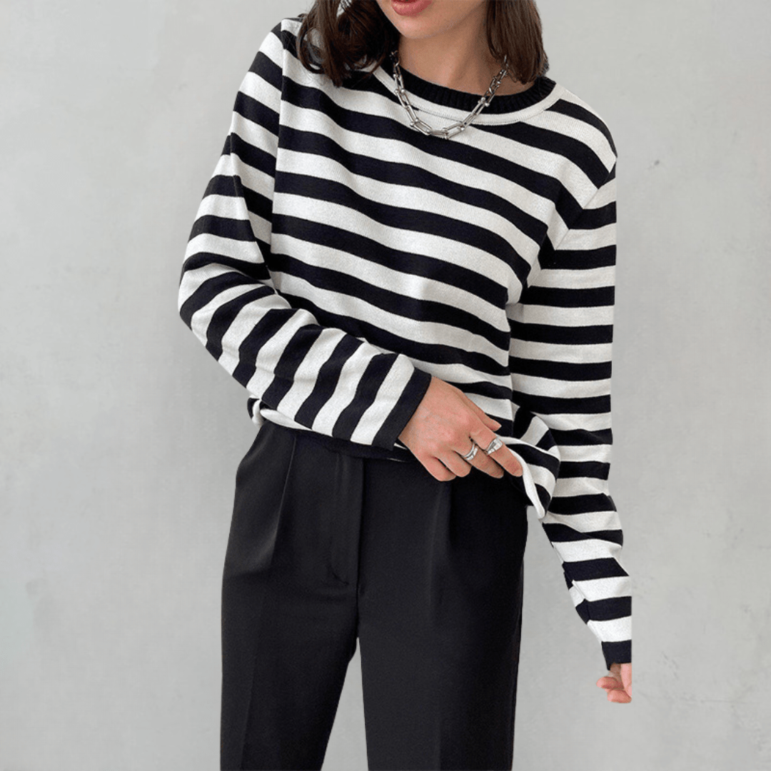 Randig tröja | Crew Neck | Tunn | Oversized Långärmad | Damtröjor-Eva Jonsson