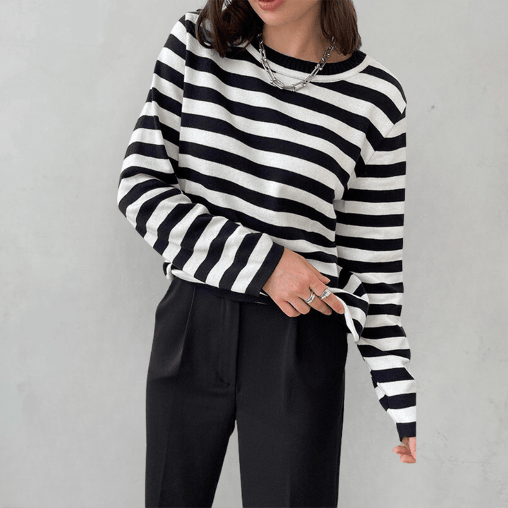 Randig tröja | Crew Neck | Tunn | Oversized Långärmad | Damtröjor-Eva Jonsson