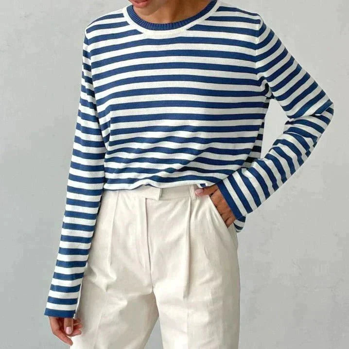 Randig tröja | Crew Neck | Tunn | Oversized Långärmad | Damtröjor-Eva Jonsson