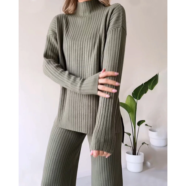 Ribbad Tvådelad Set | Turtleneck | Vid ben | Matchande Set | Loungewear för Dam-Eva Jonsson