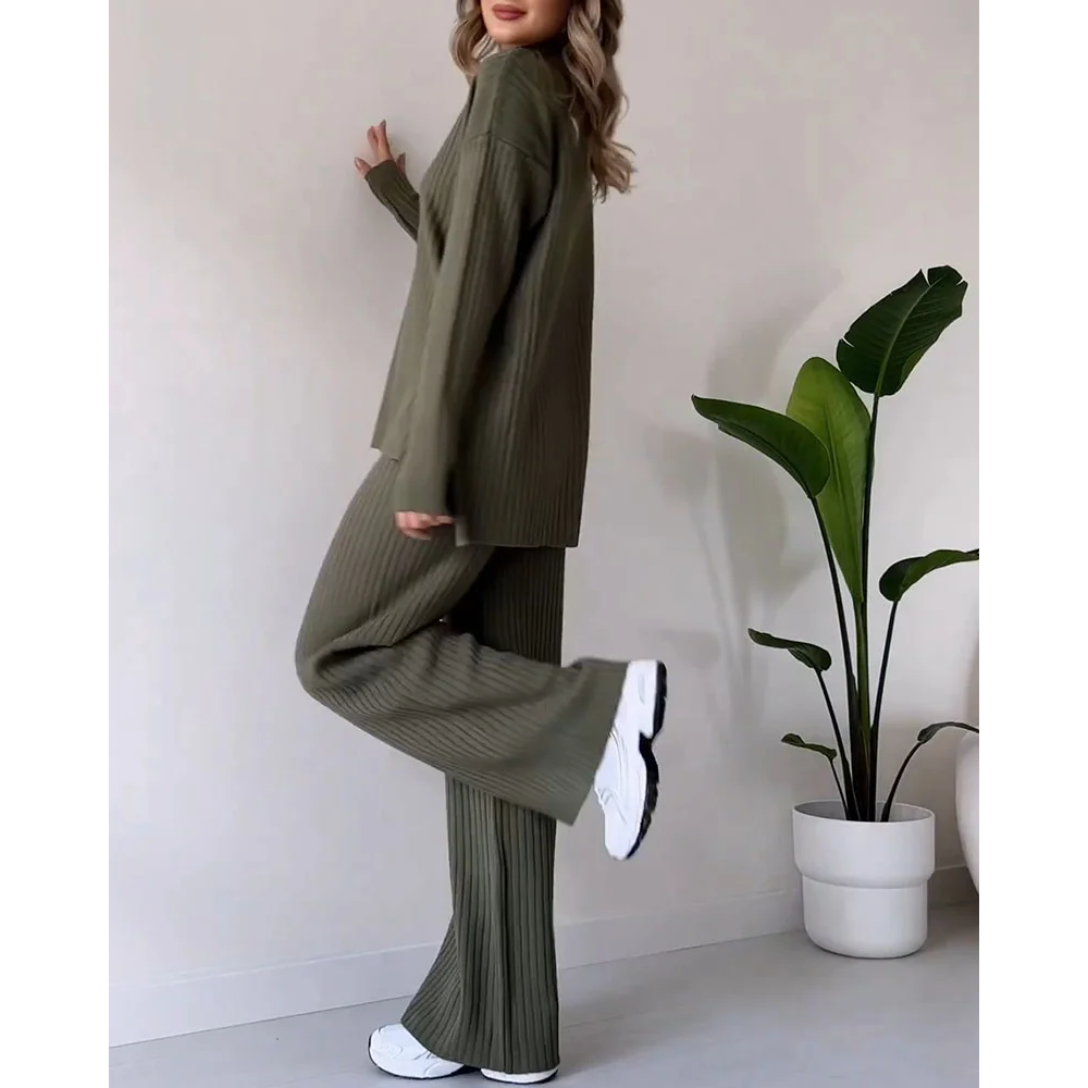 Ribbad Tvådelad Set | Turtleneck | Vid ben | Matchande Set | Loungewear för Dam-Eva Jonsson