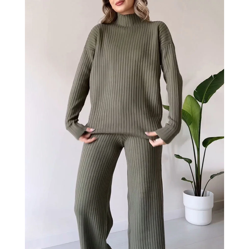 Ribbad Tvådelad Set | Turtleneck | Vid ben | Matchande Set | Loungewear för Dam-Eva Jonsson