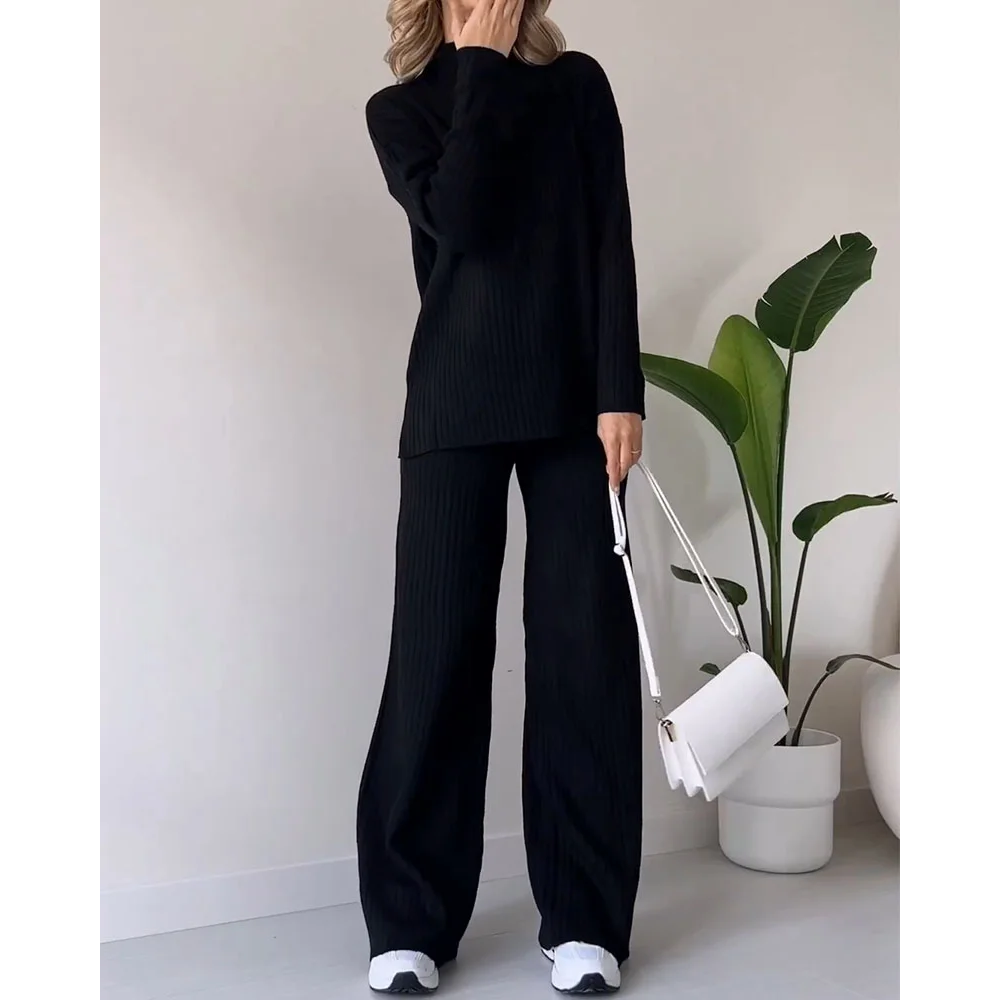 Ribbad Tvådelad Set | Turtleneck | Vid ben | Matchande Set | Loungewear för Dam-Eva Jonsson