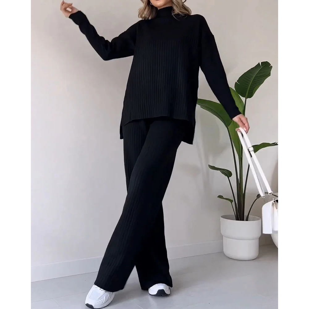 Ribbad Tvådelad Set | Turtleneck | Vid ben | Matchande Set | Loungewear för Dam-Eva Jonsson