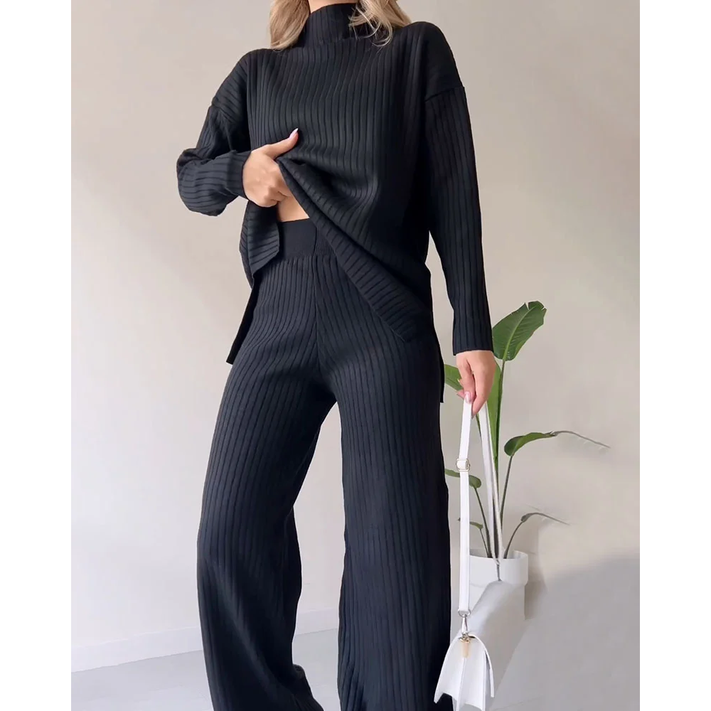 Ribbad Tvådelad Set | Turtleneck | Vid ben | Matchande Set | Loungewear för Dam-Eva Jonsson