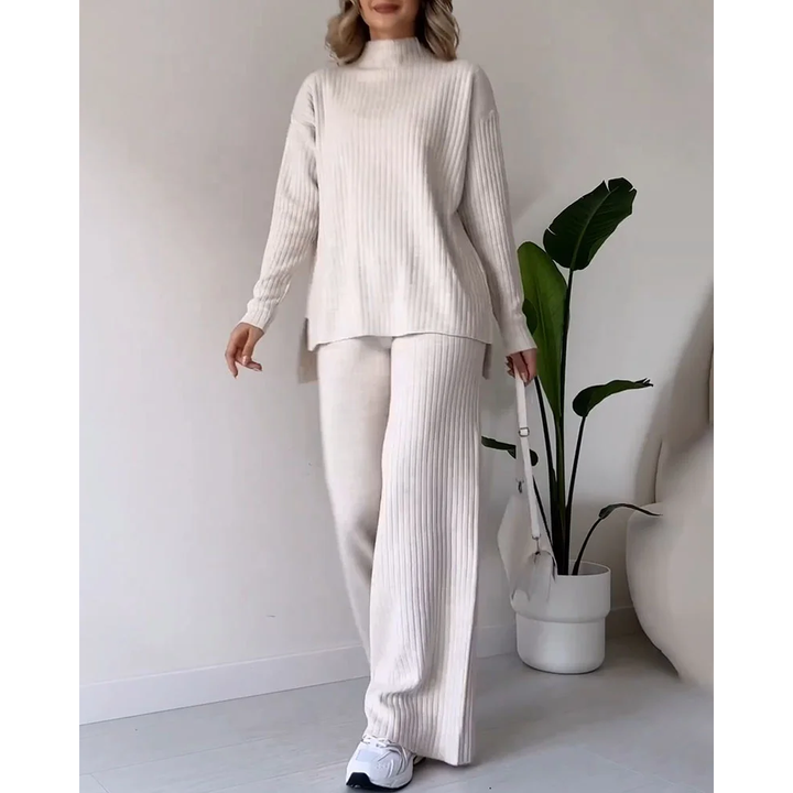 Ribbad Tvådelad Set | Turtleneck | Vid ben | Matchande Set | Loungewear för Dam-Eva Jonsson