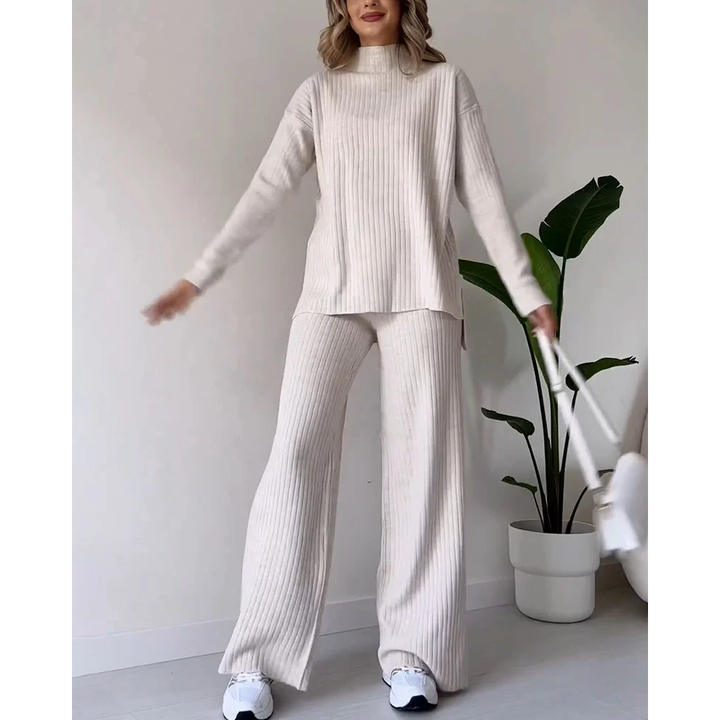 Ribbad Tvådelad Set | Turtleneck | Vid ben | Matchande Set | Loungewear för Dam-Eva Jonsson
