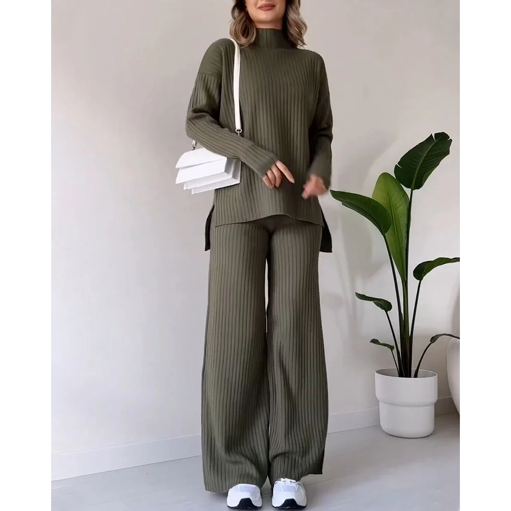Ribbad Tvådelad Set | Turtleneck | Vid ben | Matchande Set | Loungewear för Dam-Eva Jonsson
