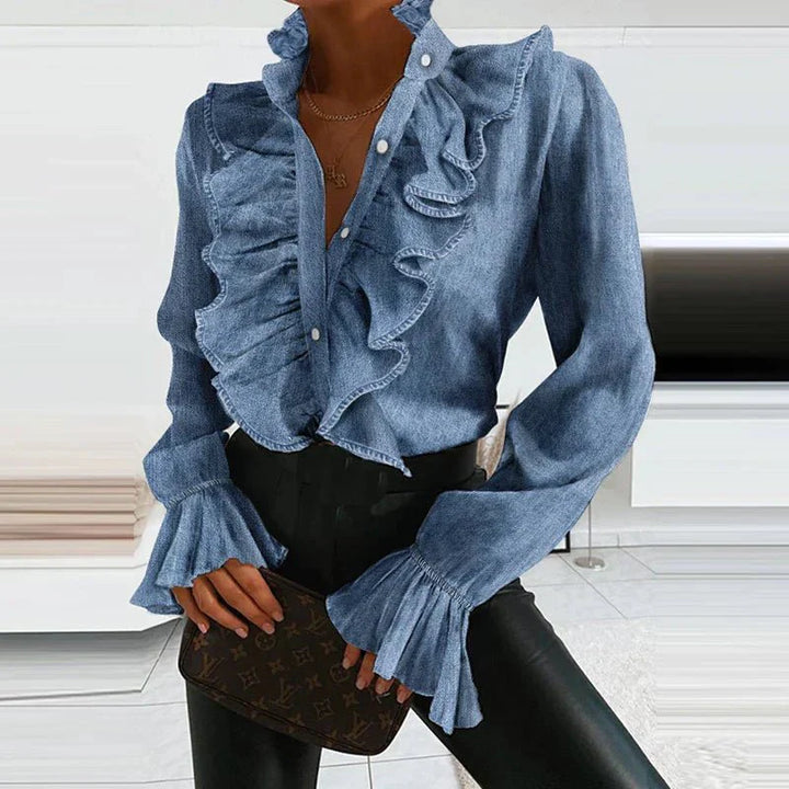 Rufflad Blus | Långärmad | Knäppt | V-ringad blus | Chiffongblus-Eva Jonsson