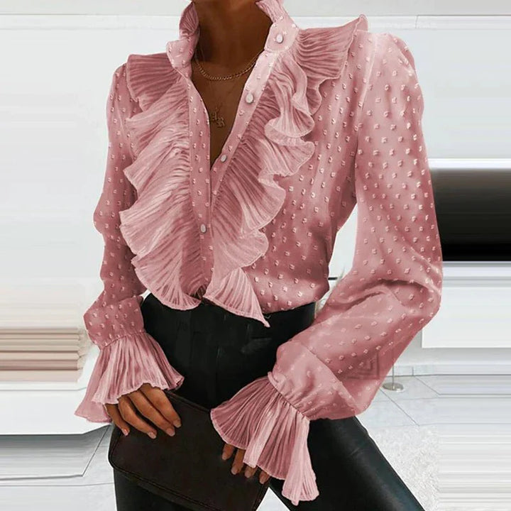 Rufflad Blus | Långärmad | Knäppt | V-ringad blus | Chiffongblus-Eva Jonsson