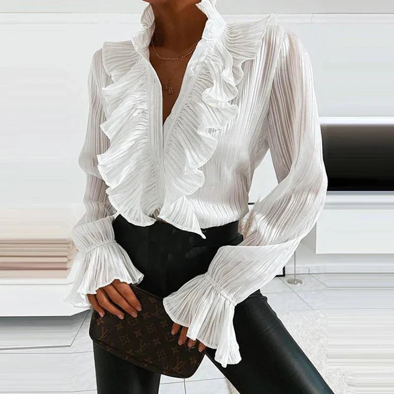Rufflad Blus | Långärmad | Knäppt | V-ringad blus | Chiffongblus-Eva Jonsson