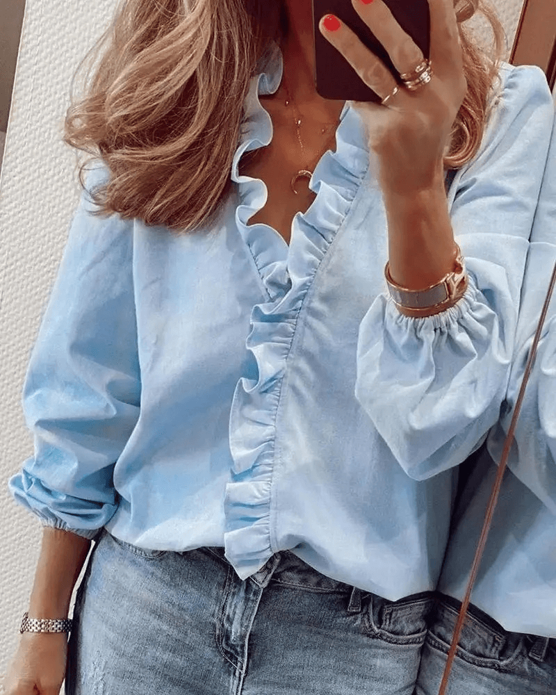 Ruffle Blouse | Elegant | Långärmad | V-Neck Blouse | Damskjorta-Eva Jonsson