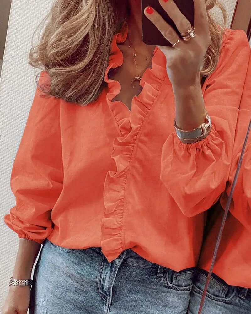 Ruffle Blouse | Elegant | Långärmad | V-Neck Blouse | Damskjorta-Eva Jonsson