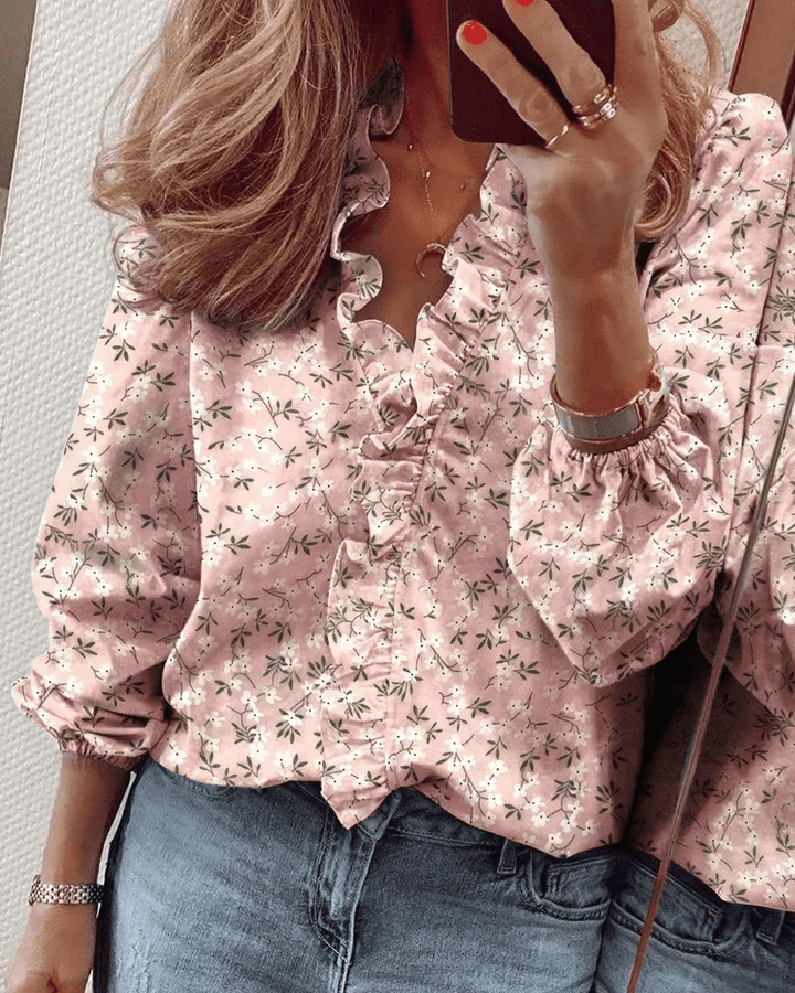 Ruffle Blouse | Elegant | Långärmad | V-Neck Blouse | Damskjorta-Eva Jonsson
