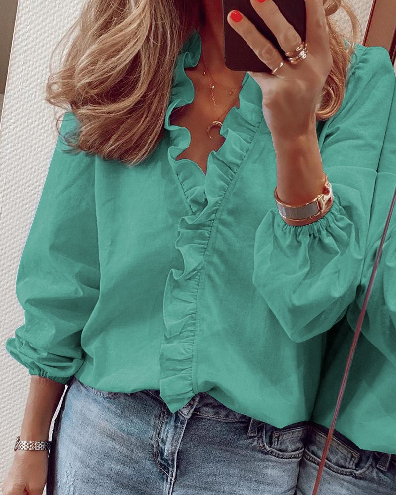 Ruffle Blouse - Elegant - Långärmad - V-ringad blus - Damskjortor-Eva Jonsson