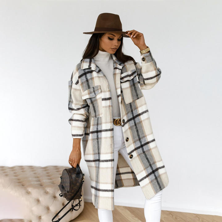 Rutig kappa - Oversized - Knappslå - Ullkappa - Damjacka-Eva Jonsson