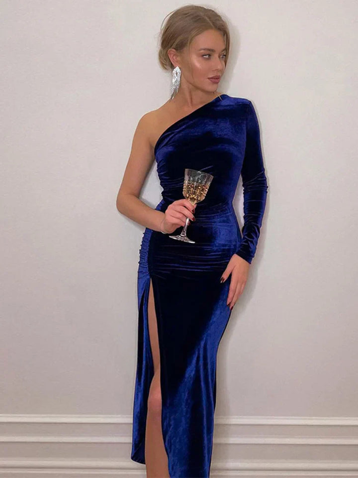 Sammetsklänning - Enärmad - Slits - Maxi aftonklänning - Elegant klänning-Eva Jonsson