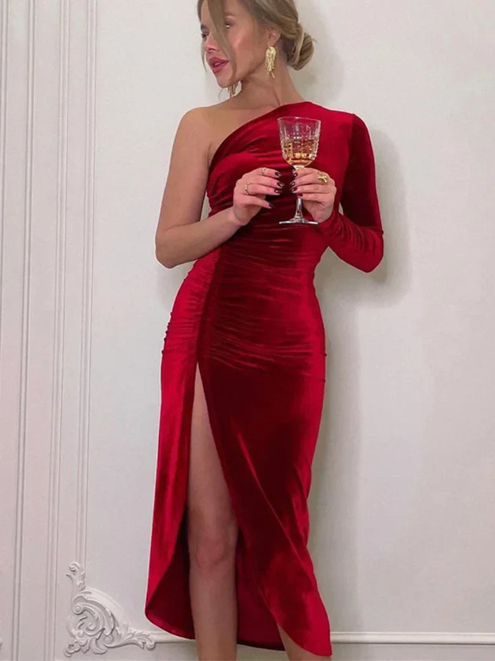 Sammetsklänning - Enärmad - Slits - Maxi aftonklänning - Elegant klänning-Eva Jonsson