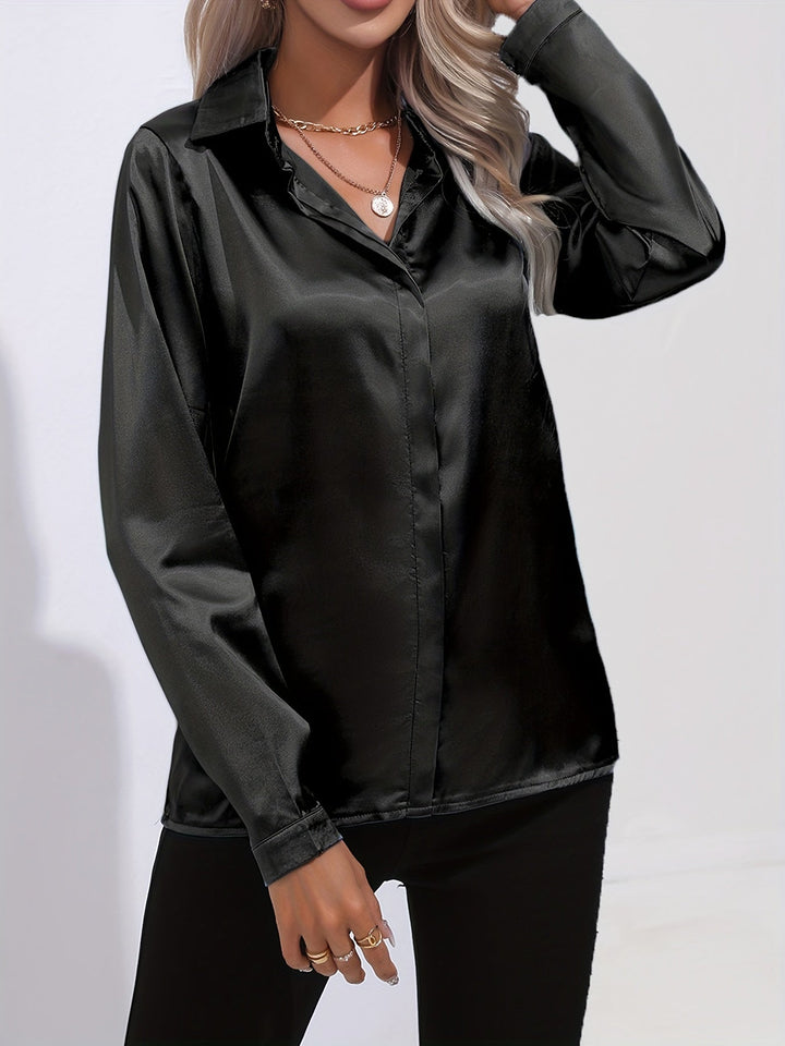 Satin Blouse - Glänsande Långärmad Skjorta med Knappar för Kvinnor-Eva Jonsson