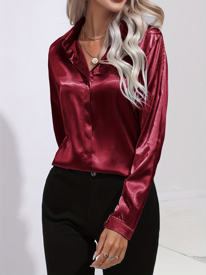 Satin Blouse - Glänsande Långärmad Skjorta med Knappar för Kvinnor-Eva Jonsson