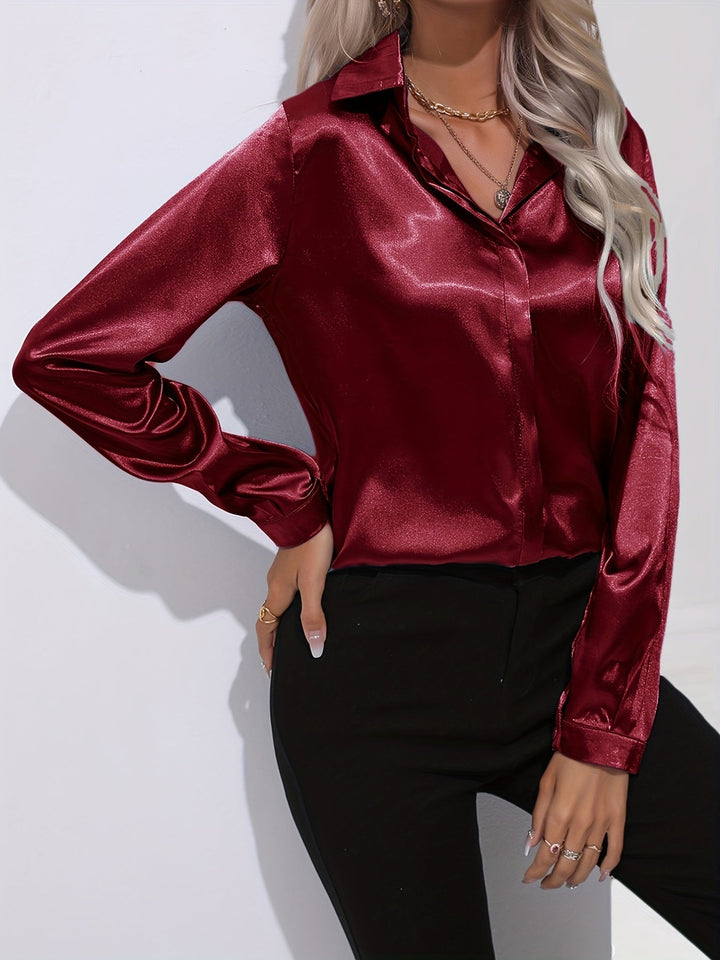 Satin Blouse - Glänsande Långärmad Skjorta med Knappar för Kvinnor-Eva Jonsson