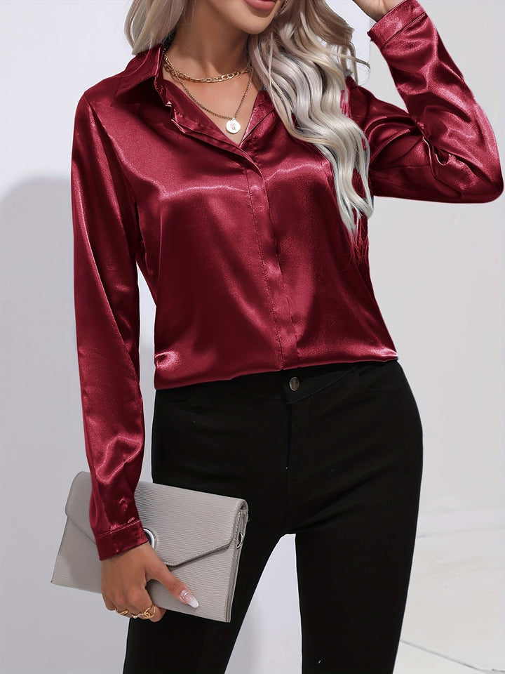 Satin Blouse - Glänsande Långärmad Skjorta med Knappar för Kvinnor-Eva Jonsson