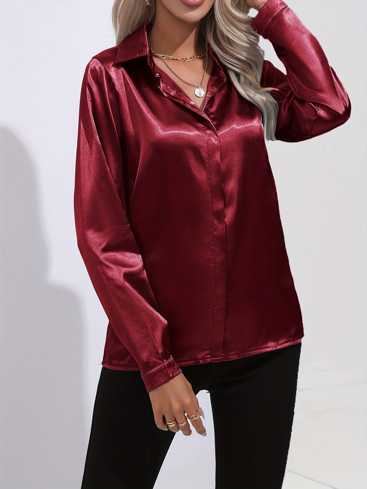Satin Blouse - Glänsande Långärmad Skjorta med Knappar för Kvinnor-Eva Jonsson